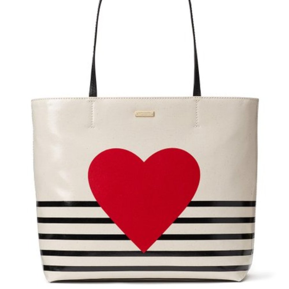 Kate Spade Yours Truly Heart Stripe Hallie Tote Black Beige Red VERY RARE